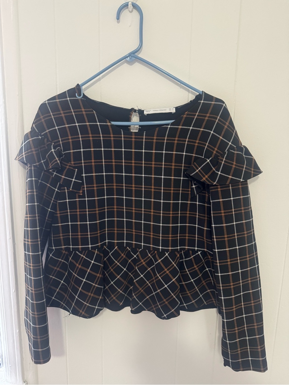 Zara Black Plaid Peplum Long Sleeve Top with Brown & White Checks